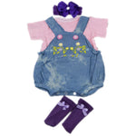 Vêtement pour Bébé Reborn Salopette bleue avec bas et bandeau mauve | Bébé Reborn Plus